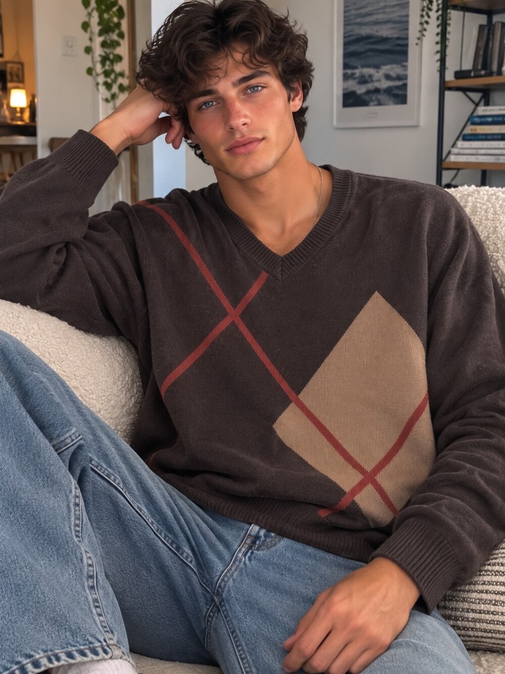 Kenneth Roberts Platinum XXL Brown Argyle V-Neck Sweater Cotton Cashmere CC